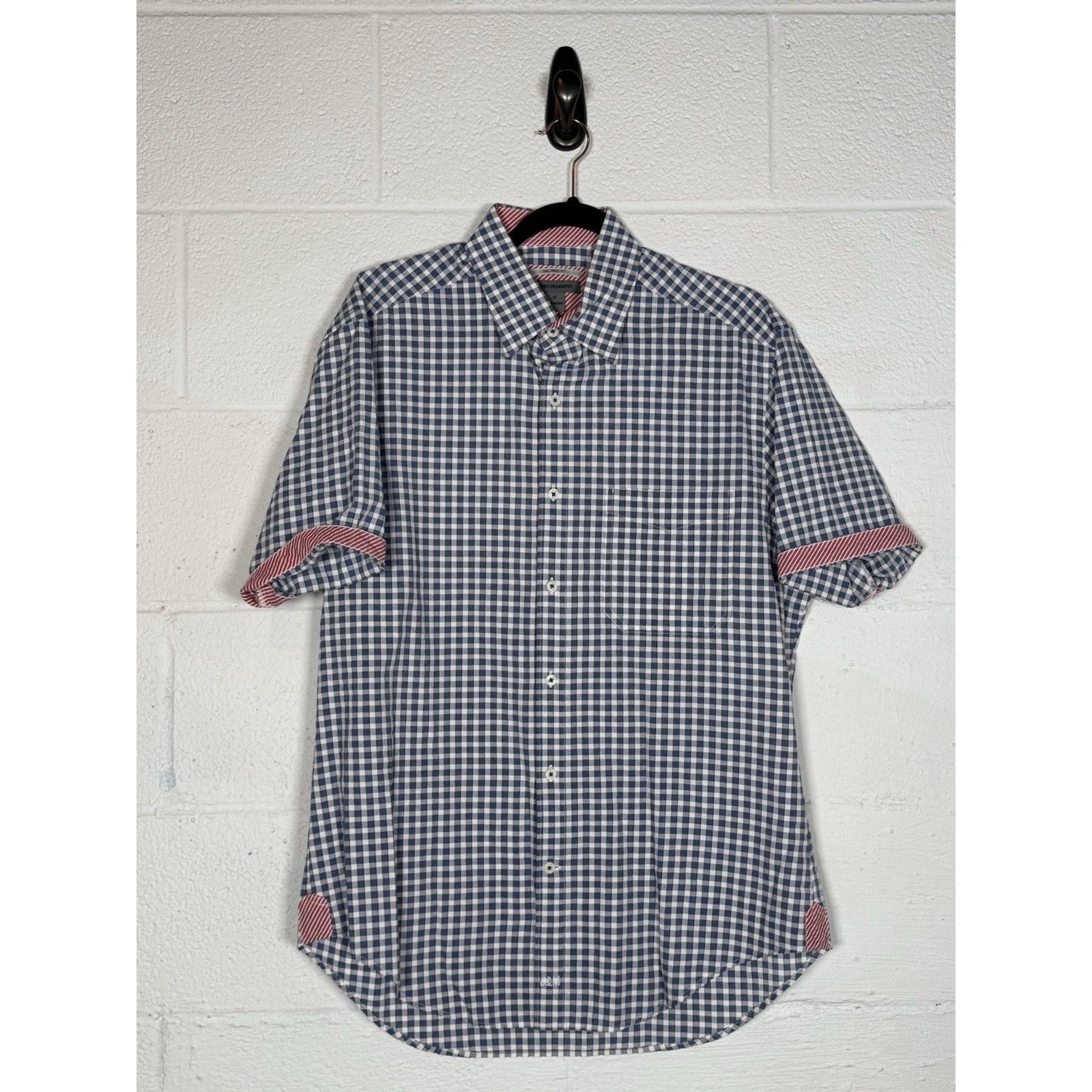 Johnston & Murphy Shirt Men M Tailored Fit Navy Gingham Plaid Short Sleeve